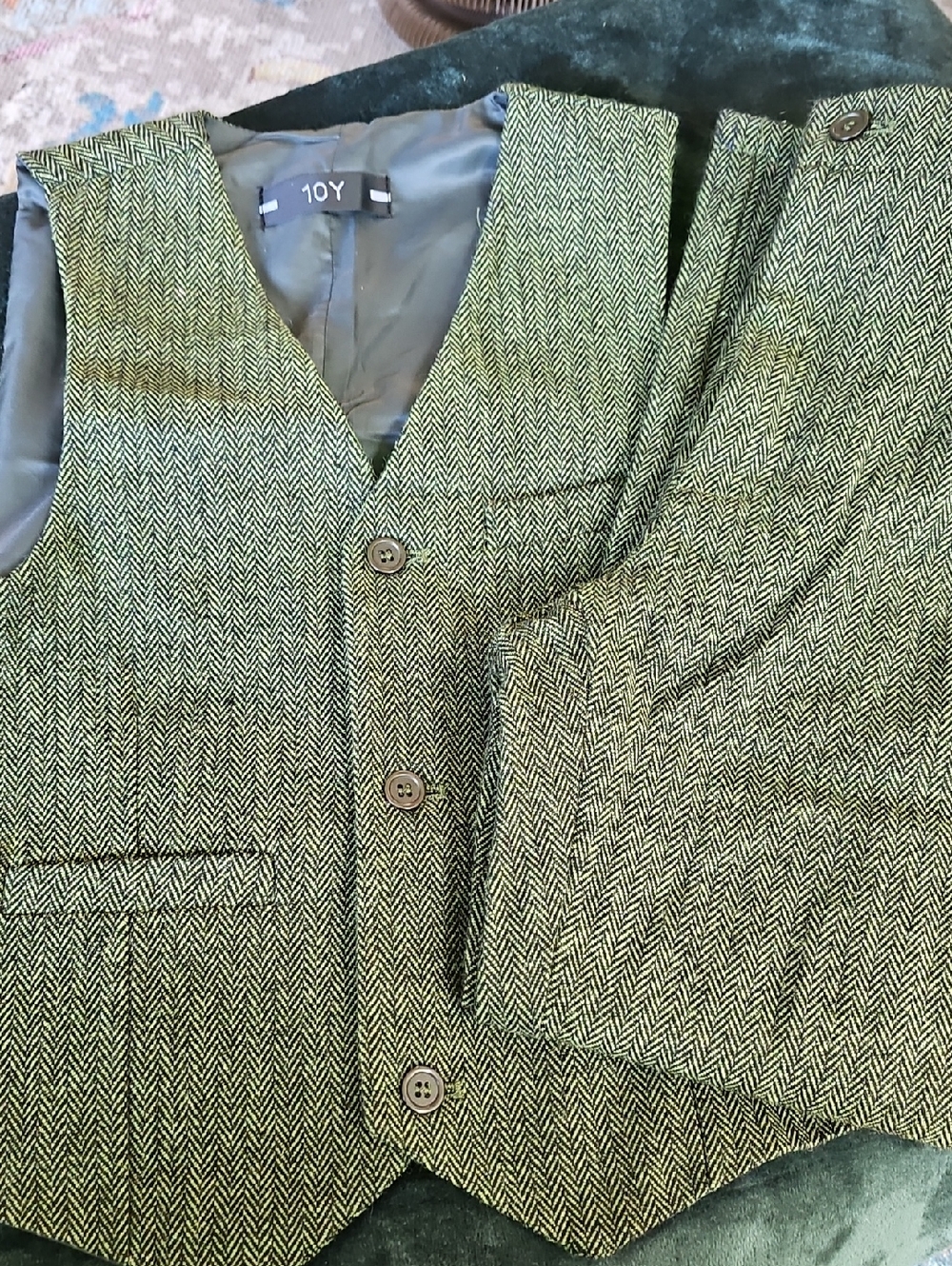 Boys Olive Herringbone 3 Piece Suit